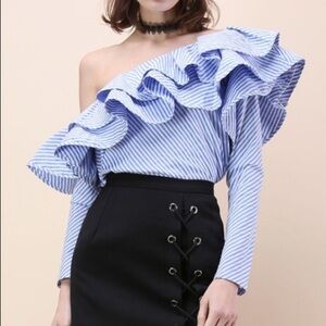 SKAZI Size 4 blue ruffled one shoulder top